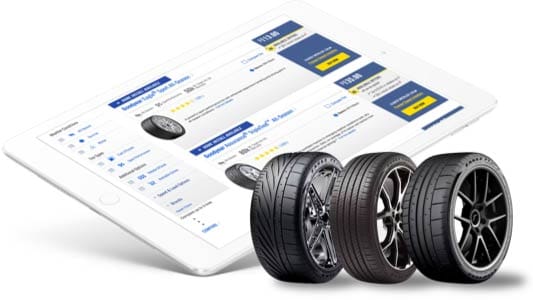 Goodyear tires in front of a tablet displaying the Goodyear.com tire results page